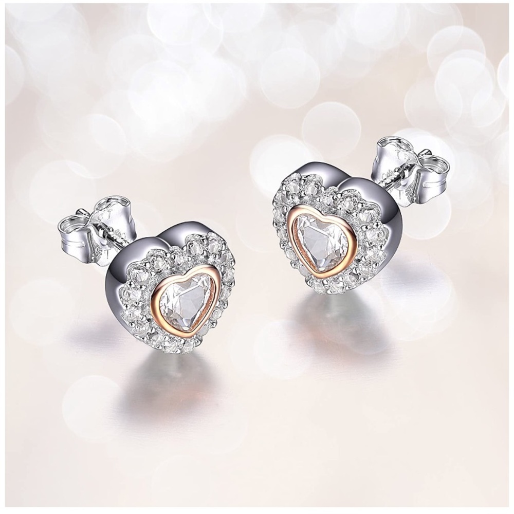 White Sapphire and Rose Gold Heart Earrings